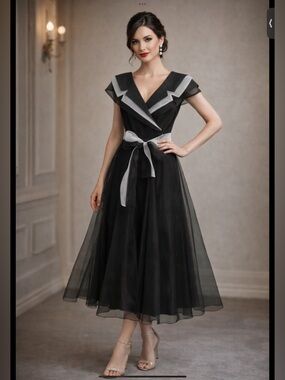 Vintage Alyce Designs Black & White Organza Cocktail Dress | 80s 90s Midi Size 8